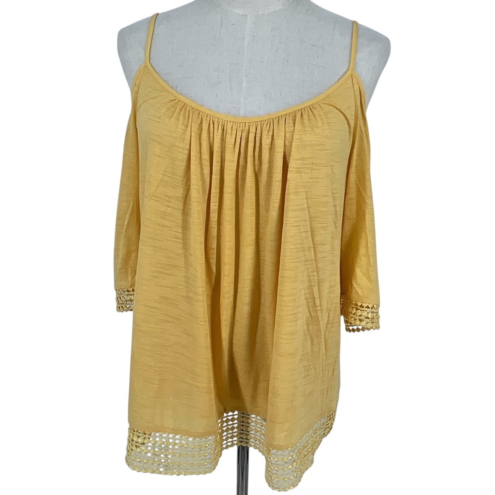 White House Black Market Yellow Cold Shoulder Crochet Trim Top M Cottagecore